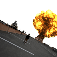 a person standing in front of an explosion in a parking lot